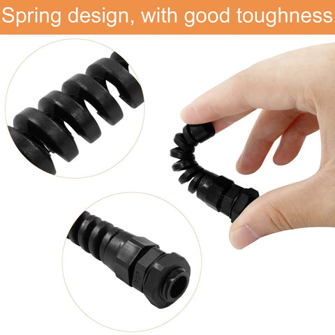 10 Pack PG7 Waterproof Cable Glands With Plastic Strain Relief Cord Connector And Flex Spiral Nylon Joint Black shown flexed