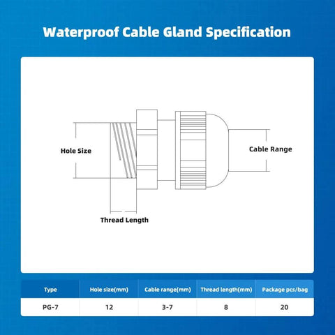 Cable Gland Kit Pack Of 20 Waterproof PG7 Cord Glands 3-7mm Nylon PA66 Strain Relief Connectors With Gaskets IP68 Rated Diagram
