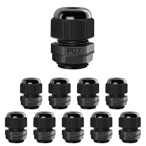 10 Pack PG7 Cable Glands Waterproof Adjustable 4 To 8mm Cable Entry Connectors Nylon Joints With Gaskets Black, front view