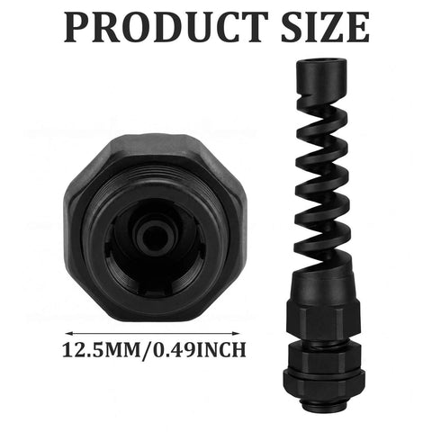 30 Pack PG7 Waterproof Cable Glands For 3mm To 6.5mm Wire Grommets with spiral protective sleeve, black nylon, 12.5mm thread diameter.