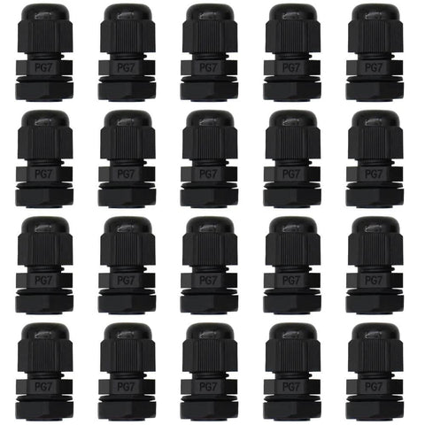Heavy Duty PG7 Cable Glands Black Nylon Waterproof IP68 With Gaskets And Adjustable Locknut For 3.1 To 6.6mm Wires Pack Of 20