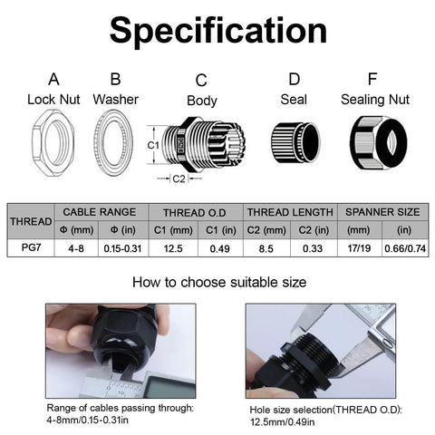 Specification chart for 10 Pack PG7 Cable Glands Waterproof Adjustable 4 To 8mm Cable Entry Connectors Nylon Joints With Gaskets.