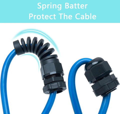 Close-up of 20 Pack Waterproof PG7 Cable Glands with Thread 3 to 6.5mm PA66 Nylon, used for strain relief on blue cables.