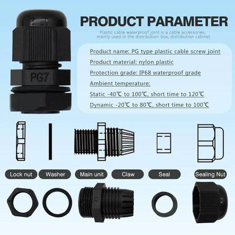 Heavy Duty PG7 Cable Glands Black Nylon Waterproof IP68 with gaskets and adjustable locknut, components overview for installation