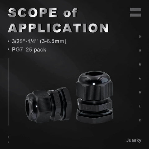 25 Pack Nylon Plastic Cable Glands Waterproof Adjustable PG7 7/64 To 1/4 Inch 3mm To 6.5mm Sealed Wire Joint Protectors With Gaskets For Reliable Moisture Proofing, Insulation, And Anti Aging shown in black material against a dark background.