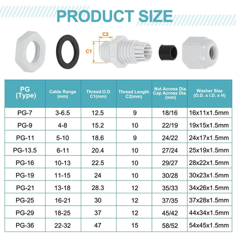 15 Pack PG7 Nylon Cable Glands Waterproof Cord Grips With Washers, Adjustable 3 To 6.5mm Wire Grommets, Size Chart Included