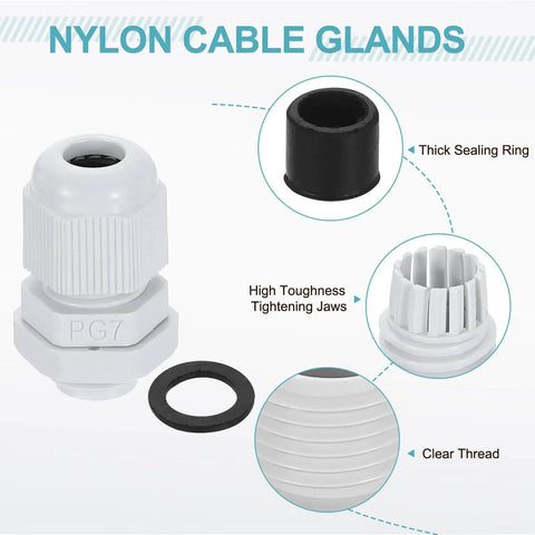 15 Pack PG7 Nylon Cable Glands Waterproof Cord Grips With Washers, Adjustable 3 To 6.5mm Wire Grommets, Gaskets And Lock Nuts For Junction Boxes, White details