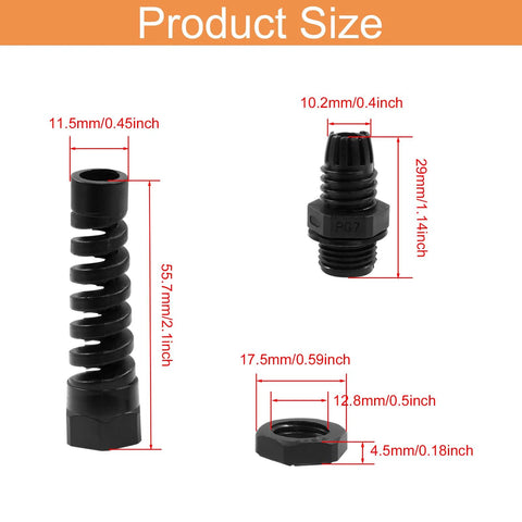 10 Pack PG7 Waterproof Cable Glands With Plastic Strain Relief Cord Connector size dimensions in mm and inches.