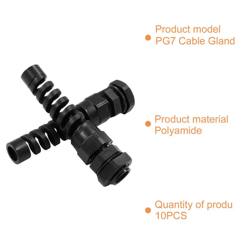 10 Pack PG7 Waterproof Cable Glands With Plastic Strain Relief Cord Connector for 3.5mm to 6mm wire diameter, black, shown in spiral formation.
