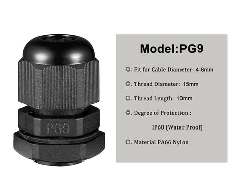IP68 Waterproof PG9 Cable Gland Joints With Gasket For 4-8mm Cable Adjustable Lock Nut Connector Nylon Sealed Black
