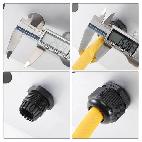 Close-up of Waterproof PG9 Cable Gland Locknut Nylon Joint For 4mm To 8mm Cables Adjustable Seal in measurement tool display