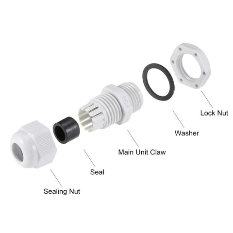 Exploded view of PG9 Cable Gland 2mm To 6mm Waterproof Nylon Joint With Washer And Adjustable Locknut component parts.