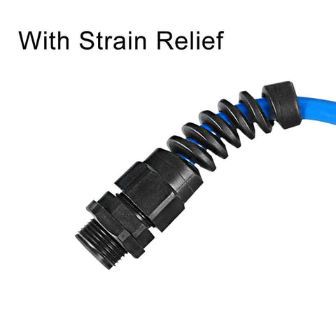 Close-up of PG9 Cable Gland Set With Strain Relief for 4mm to 8mm wire, black plastic design attached to a blue cable.