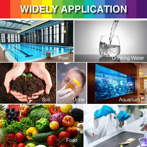 2 Pack pH Test Strips used for pool, drinking water, soil, urine, aquarium, food, with diverse applications shown in images
