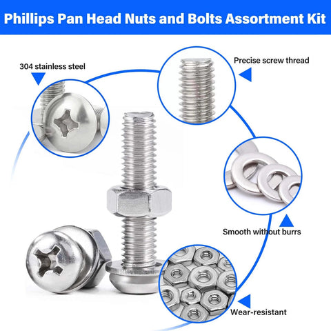 1110 Pcs Stainless Steel Nuts and Bolts Assortment Kit with #4 40 #6 32 #8 32 #10 24 Pan Head Phillips Screws Nuts and Washers Organized for Repairs Electrical and Hardware Projects close-up of screws and bolts.