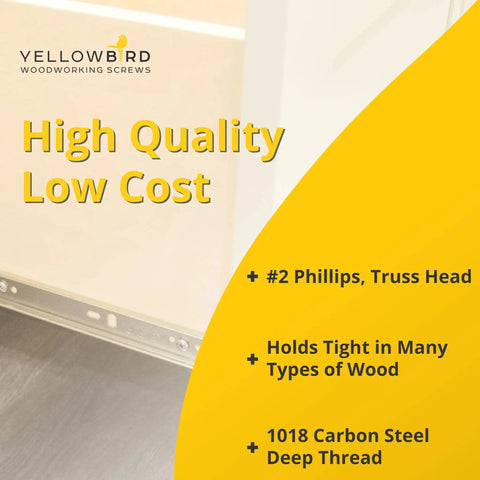 Yellowbird woodworking screws with high quality low cost text, #2 Phillips truss head, and 1018 carbon steel deep thread features.