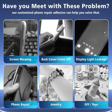 Collage of phone issues, screen warping, back cover coming off, and display light leakage, highlighting Go To RTV Silicone Adhesive Glue For Phone Screen Replacement And Repair, LCD Display Touch Screen Bonding Sealant For Huawei, Samsung, Xiaomi, OPPO And More, The Handy Fix For Screen Gaps, Light Leaks, And Back Cover Installations.