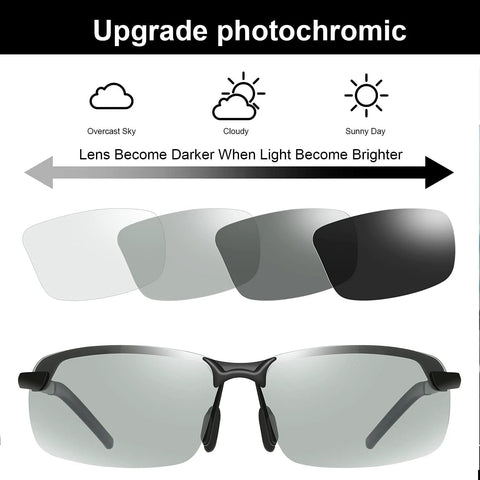 Photochromic Polarized Driving Sunglasses for Men Day and Night Vision with light-adjusting lenses and aluminum-magnesium frame.