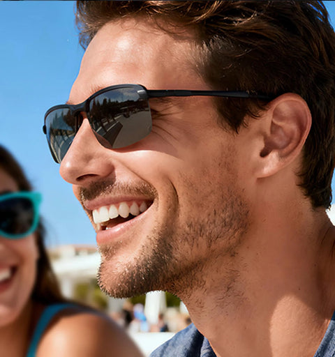 Man smiling while wearing Photochromic Polarized Driving Sunglasses for Men Day and Night Vision outdoors