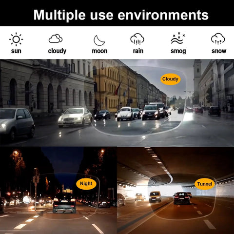 Photochromic Polarized Driving Sunglasses for Men Day and Night Vision in various environments like cloudy, night, and tunnel conditions.