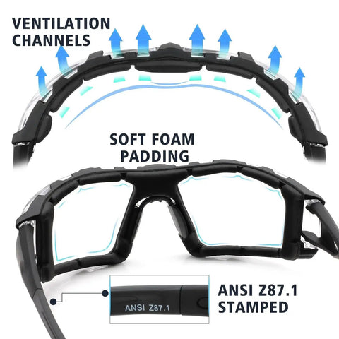 Interior view of Photochromic Safety Glasses With Wraparound Lenses And Removable Foam Gasket showing ventilation channels and ANSI stamp.