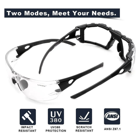 Photochromic Safety Glasses With Wraparound Lenses And Removable Foam Gasket shown in front view, impact resistant.