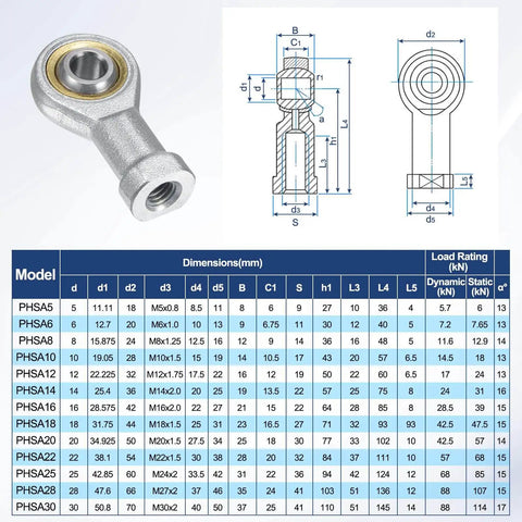 Dimensions and specifications for 2-Pack PHSA6 Rod End Bearing Workhorse With 3/8 Bore And 3/8-24 Right Thread Self-Lubricating.