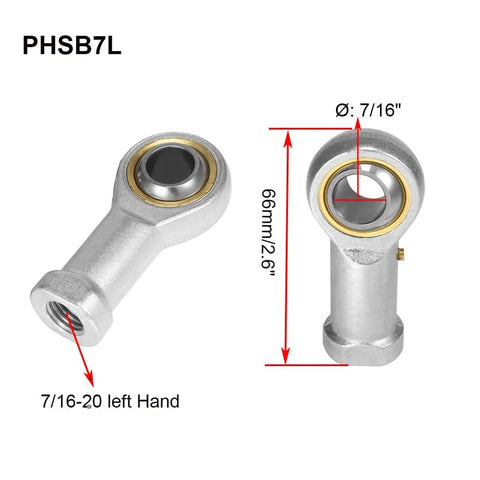 PHSB7L rod end bearing kit, 7/16 inch bore with 7/16-20 left hand female thread, close-up of self lubricating heim joint