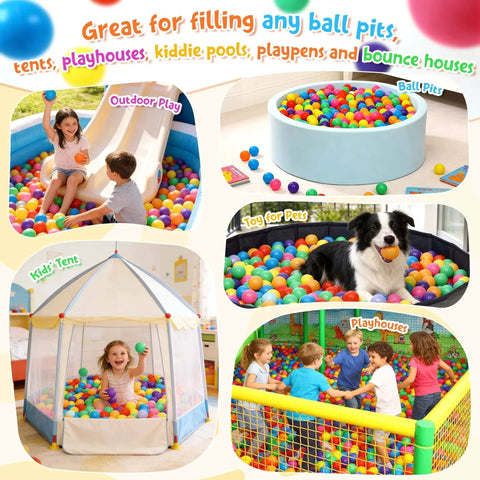 Kids playing with Ball Pit Balls Phthalate Free BPA Free Crush Proof Plastic in various settings like tents, kiddie pools, and playhouses.