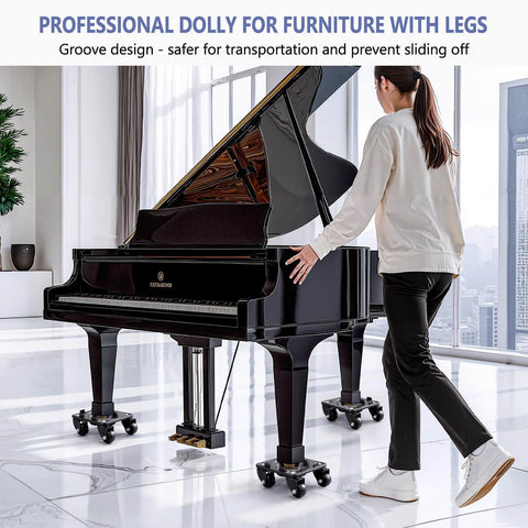 Woman using 2000 lb heavy duty furniture dolly with groove design to move a grand piano, featuring carbon steel panel movers and 360° caster wheels.