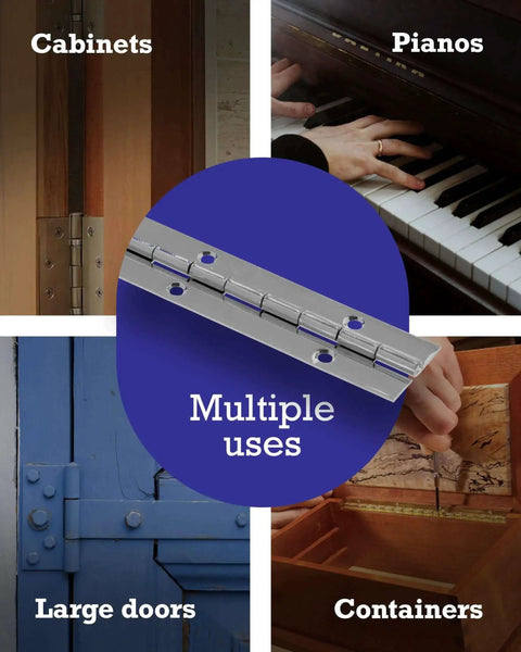 Heavy-Duty Continuous Pin Piano Hinge, 36 Inch By 1-1/2 Inch, Nickel Plated illustration with uses for cabinets, pianos, doors, containers.