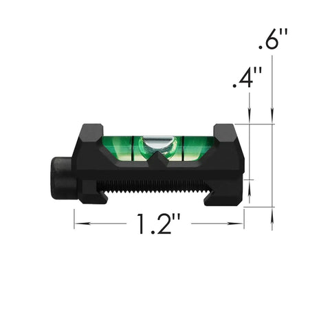 Precision Picatinny Bubble Level for Guns and Rifles with Anti Cant Technology, high visibility green liquid level, dimensions labeled.