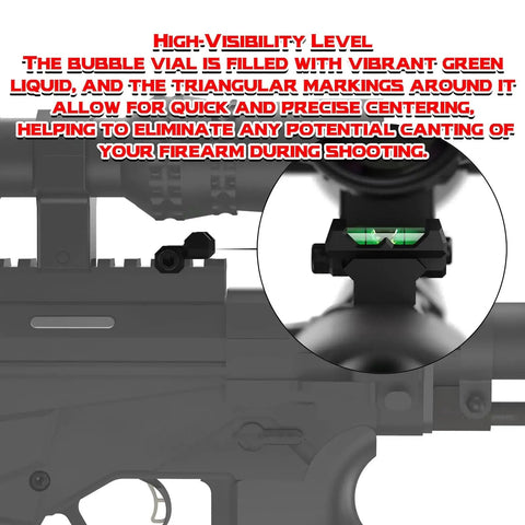 Precision Picatinny Bubble Level For Guns And Rifles With Anti Cant Technology High Visibility Green Liquid Level And Triangular Centering Markings For Fast Accurate Shots Eliminates Canting And Improves Long Range Rifle Accuracy installed on rifle close-up view