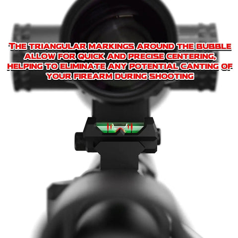 Picatinny Bubble Level showing triangular centering markings and green liquid for guns and rifles with anti-cant technology.