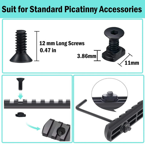 16 Pack M5 T Nut Screws Replacement Set For MLOCK Rail Mounts with Thread Locking Screws Nuts and Wrench, size and installation diagrams