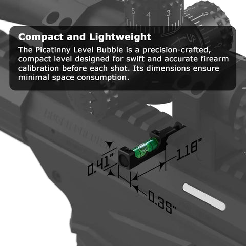 Compact one-slot Picatinny rail level bubble for cant correction, lightweight tactical mount leveler for hunting and shooting scopes.