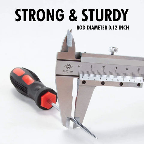 Precision 4 Piece Pick and Hook Set for Auto Repair, Workhorse, shown with caliper measuring 0.12 inch diameter