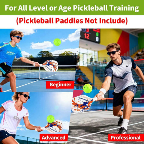 Three players on a sports court holding paddles and playing with 50pc Pickleball Balls,40 Holes Indoor pickleball balls with Mesh Bag.