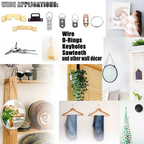 Collage showing wide applications of picture hanging hardware with mirrors, frames, and decor, featuring Pro Grade Picture Hanging Screws Set With Double Headed Bear Claw Screws For Sawtooth Hangers, D Rings, Wire And Keyhole Mounts, All In One 4in1 Hooks, 40 Pack Black Mixed Sizes, Rust Resistant Heavy Duty Art Mounting Hardware.