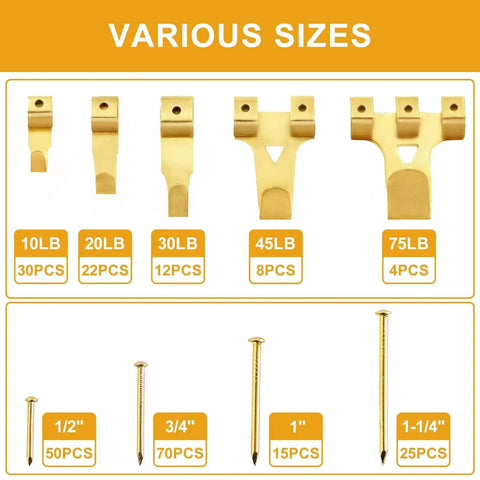 Variety of hooks and nails from 303 Piece Picture Hanging Kit With Heavy Duty Hooks Nails Sawtooth Wire D Rings And Level