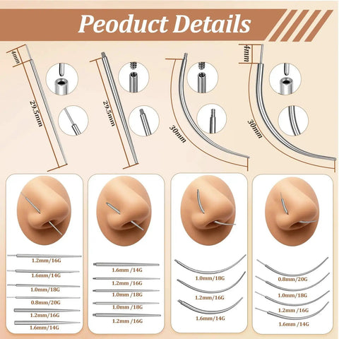 Detailed diagram of All In One Piercing Insertion Tool Set 18 Pieces With 14G 16G 18G 20G Tapers showing sizes and applications.