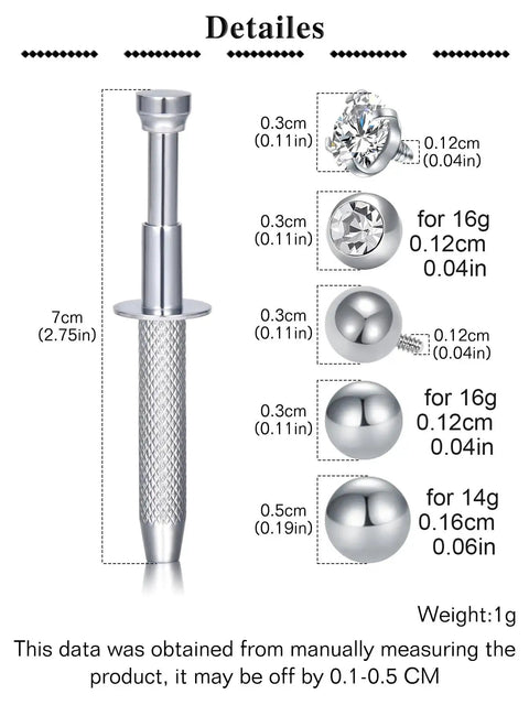 Diagram of Piercing Jewelry Ball Grabber Tool For 16G Piercings With Screw On Replacement Balls, showing measurements and materials.