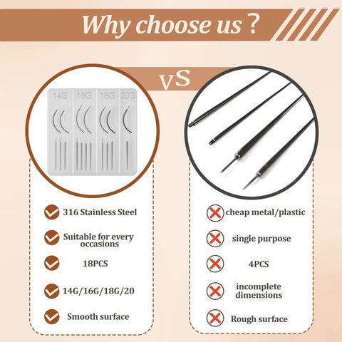 Comparison chart of 316 stainless steel piercing tool set vs others, highlighting features of the All In One Piercing Insertion Tool Set 18 Pieces With 14G 16G 18G 20G Tapers In Straight And Curved Styles For Nose Studs Lip Rings And Earrings With Internal And External Threads And More.