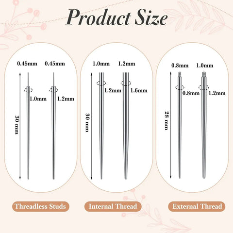 Size chart for Stainless Steel 9 Piece Piercing Kit With Ball Grabber Tools And Bead Clamps For Jewelry Changes And Tapers For 14G 16G And 18G Piercings.