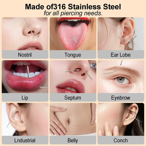 All In One Piercing Taper Kit With Ball Grabber Tool And 12Pcs Stainless Steel Flat Back Earrings Set for various piercings.
