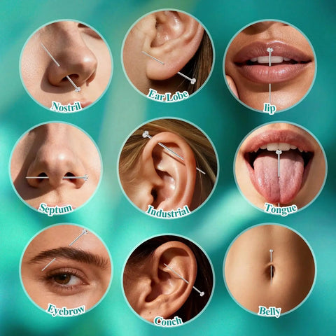 Upgraded Anti Slip Piercing Grabber Tool For Easy Jewelry Changes showcasing 9 types of piercings including nose, ear, lip, and belly.