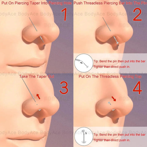 Diagram showing Piercing Tapers Set 14G 16G 18G 20G Stainless Steel Threadless Insertion for nose with steps for safe use.