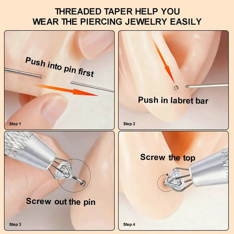 Step-by-step use of All In One Piercing Taper Kit With Ball Grabber Tool And 12Pcs Stainless Steel Flat Back Earrings Set.
