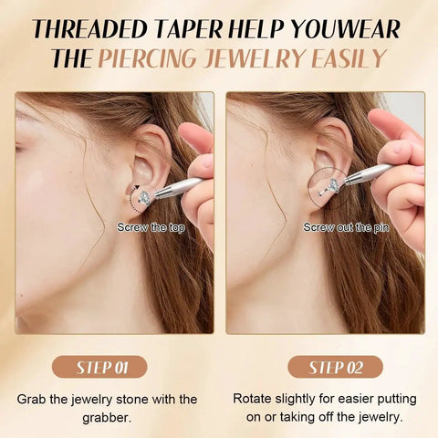 Piercing Taper Ball Grabber Kit Pro Grade For Easy Jewelry Swaps Stainless Steel, shows jewelry insertion with threadless guides.