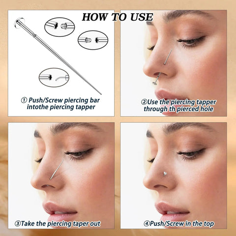Professional Piercing Taper Insertion Tool Set For Flat Back Earrings With Stainless Steel Threadless Pins 14G 16G 18G 20G use instructions.